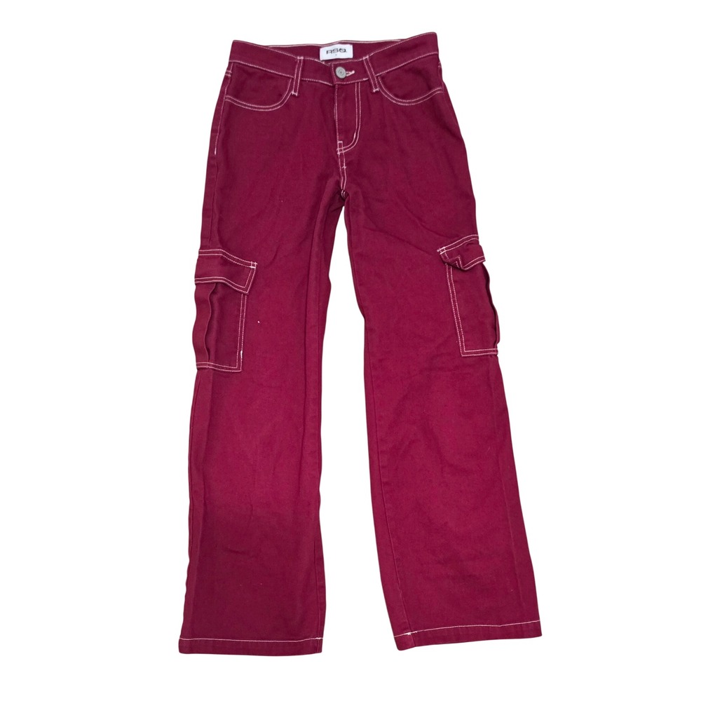 24 RSQ Womens Burgundy Red Contrast Stitch Cargo Wide Leg Baggy Pants RN108168